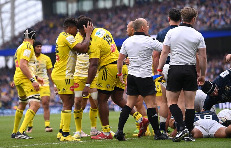 Stade Rochelais try scorer Georges-Henri Colombe (right) is congratulated by Jonathan Danty after scoring the third try during the Heineken Champions Cup Final against Leinster on Saturday. Photograph: Stu Forster/Getty Images