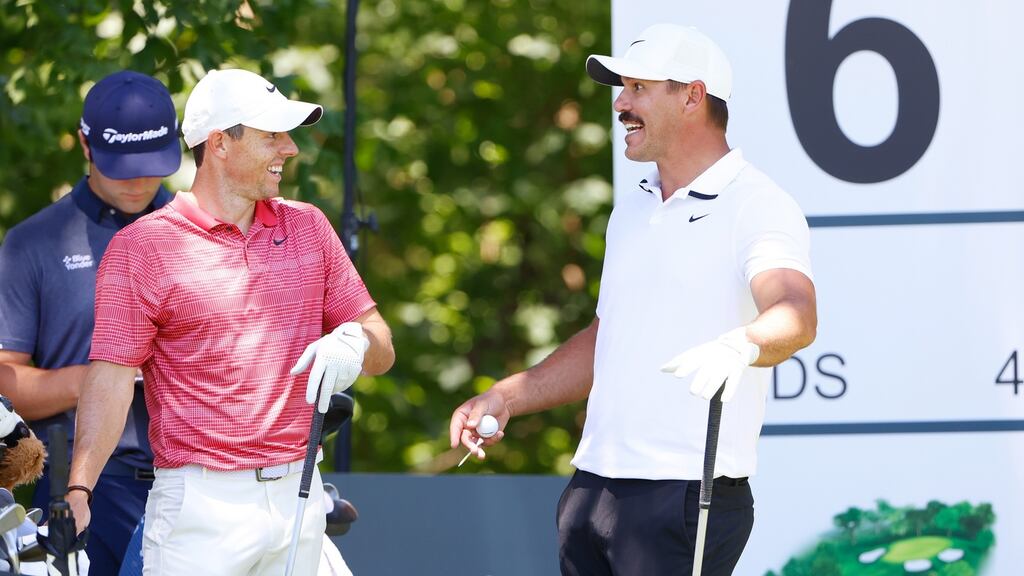 Rory McIlroy  and Brooks Koepka talk on the sixth tee during the first round of the Charles Schwab Challenge at Colonial Country Club in Fort Worth, Texas. Photograph: Tom Pennington/Getty Images