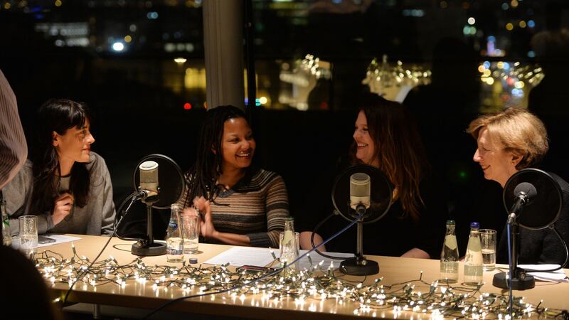 Simone George, Clara Rose Thornton, Roisín Ingle and Olivia O’Leary in front of a small audience at The Irish Times Women’s Podcast Nollaig na mBan event. Photograph: Alan Betson/The Irish Times