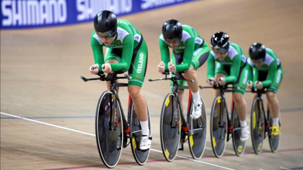 Ireland’s Caroline Ryan, Lydia Boylan, Lauren Creamer and Josie Knight in action at the Track World Championships. Photograph: Guy Swarbrick/Sportsfile