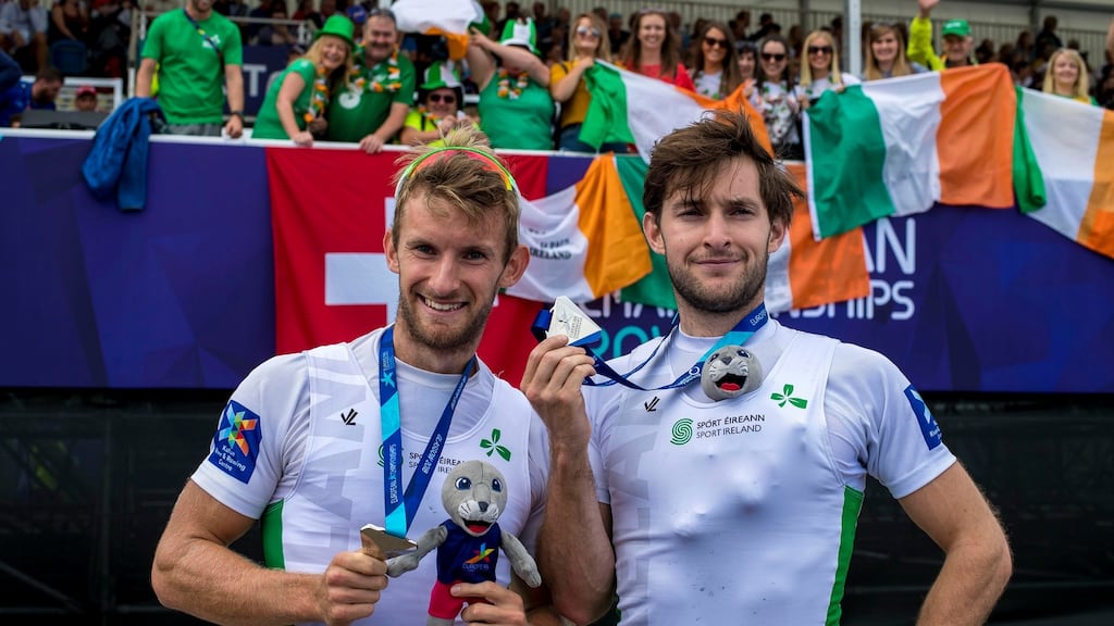 Gary and Paul O’Donovan with their European Championships silver medals. Photograph: Craig Watson/Inpho