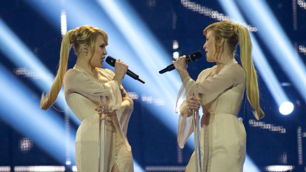 Anastasia and Maria Tolmachevy of the Tolmachevy Sisters from Russia perform on stage during the first semi final of the Eurovision Song Contest in Copenhagen, Denmark. Photograph: Ragnar Singsaas/Getty Images