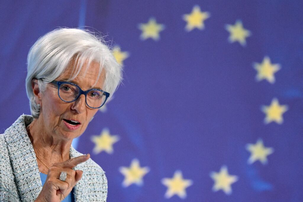 Christine Lagarde, president of the European Central Bank. The Frankfurt-based central bank trimmed its key lending rate, the one that affects mortgage rates, by 25 basis points to 4 per cent. It had been at a record high of 4.5 per cent before June.  Photograph: Kirill Kudryavtsev/AFP