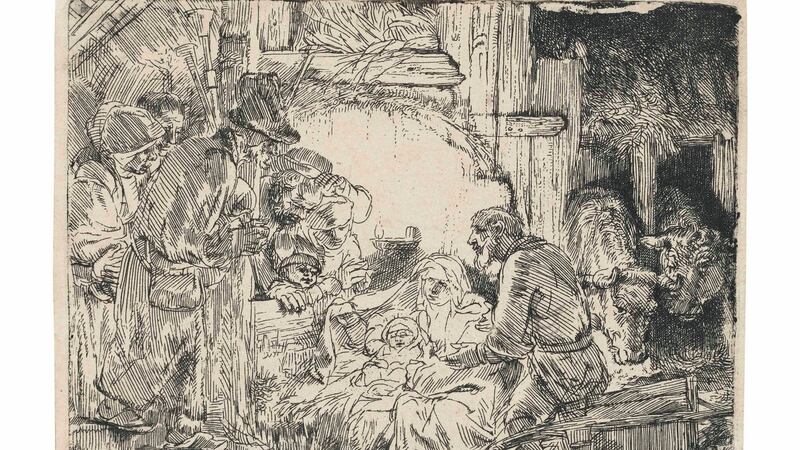 An etching by Rembrandt called The Adoration of the Shepherds which is on display at the Ulster Museum. Photograph: Darren Kidd/National Museums NI/PA Wire.