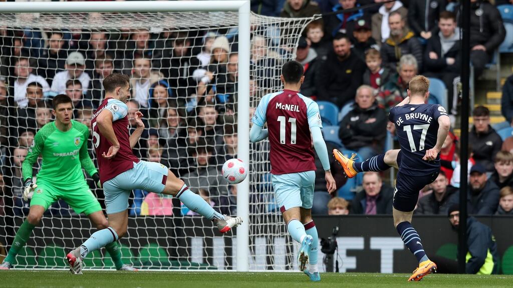 Kevin De Bruyne scores Manchester City’s opening goal during the Premier League game against Burnley at Turf Moor. Photograph: Jan Kruger/Getty Images