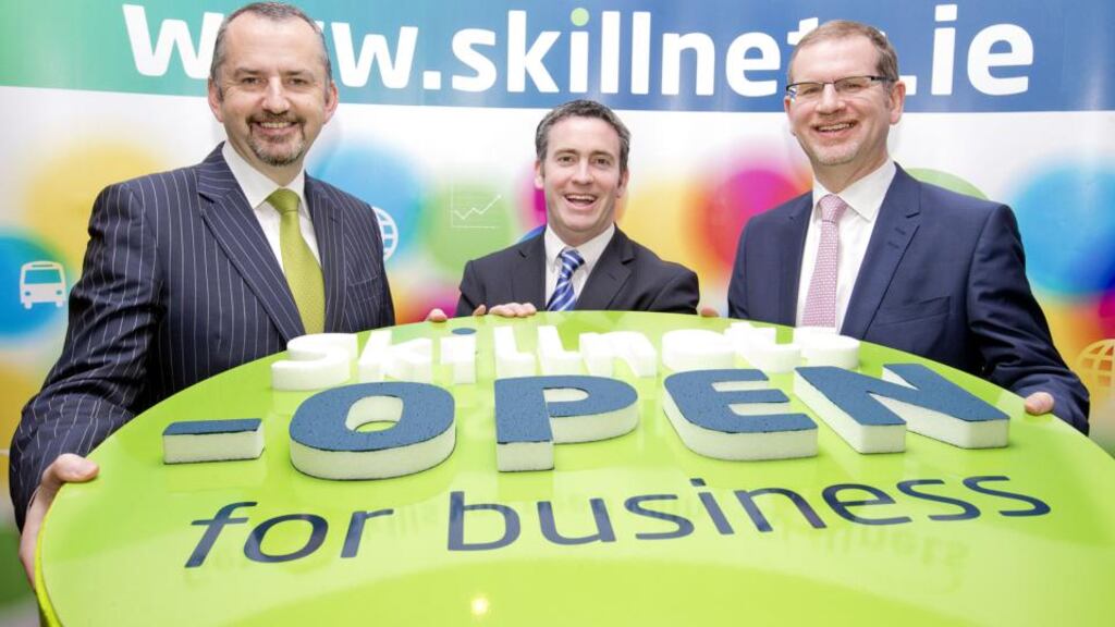 Brendan McGinty, chairman of Skillnets, Minister of State for Skills, Research and Innovation, Damien English and Alan Nuzum, CEO of Skillnets pictured at the announcement of the new training fund.