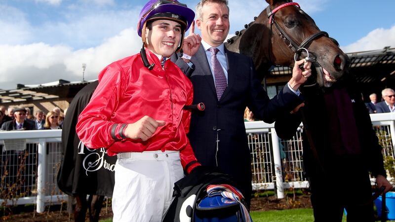 Jockey Ronan Whelan and Patrick Prendergast with Skitter Scatter after her Group One victory at the Curragh last September. Photograph: James Crombie/Inpho