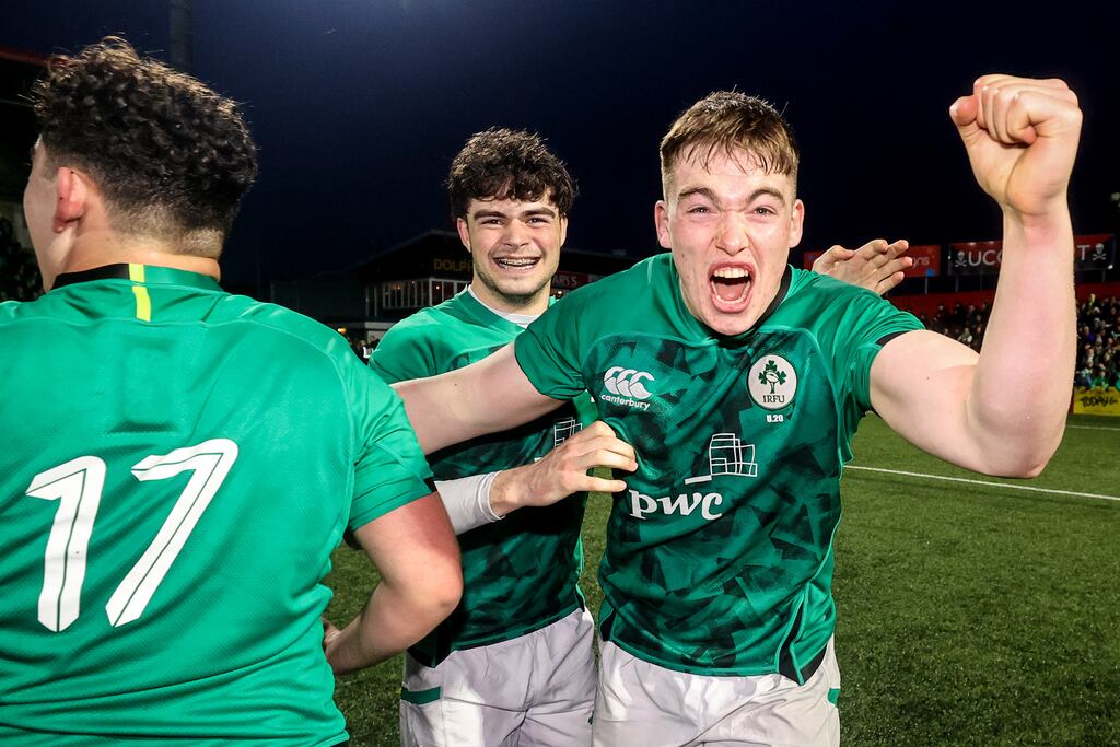 Leinster's Diarmuid Mangan celebrating the Irish under-20 side's Six Nations win over England in 2023. Photograph: Ben Brady/Inpho
