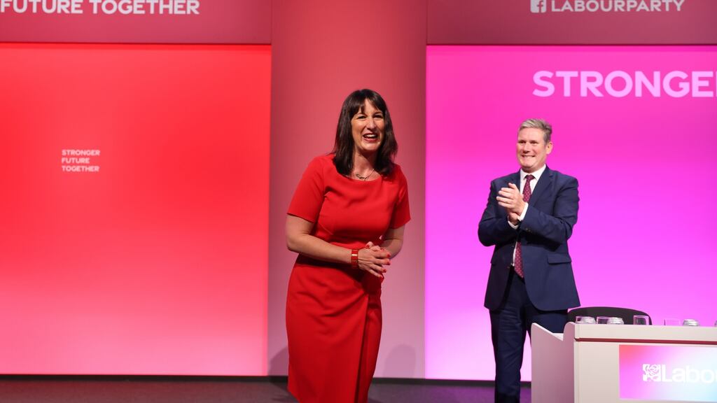 Rachel Reeves, Labour’s  shadow chancellor of the exchequer, and leader  Kier Starmer at  the annual Labour Party conference in Brighton. Photograph:  Hollie Adams/Bloomberg