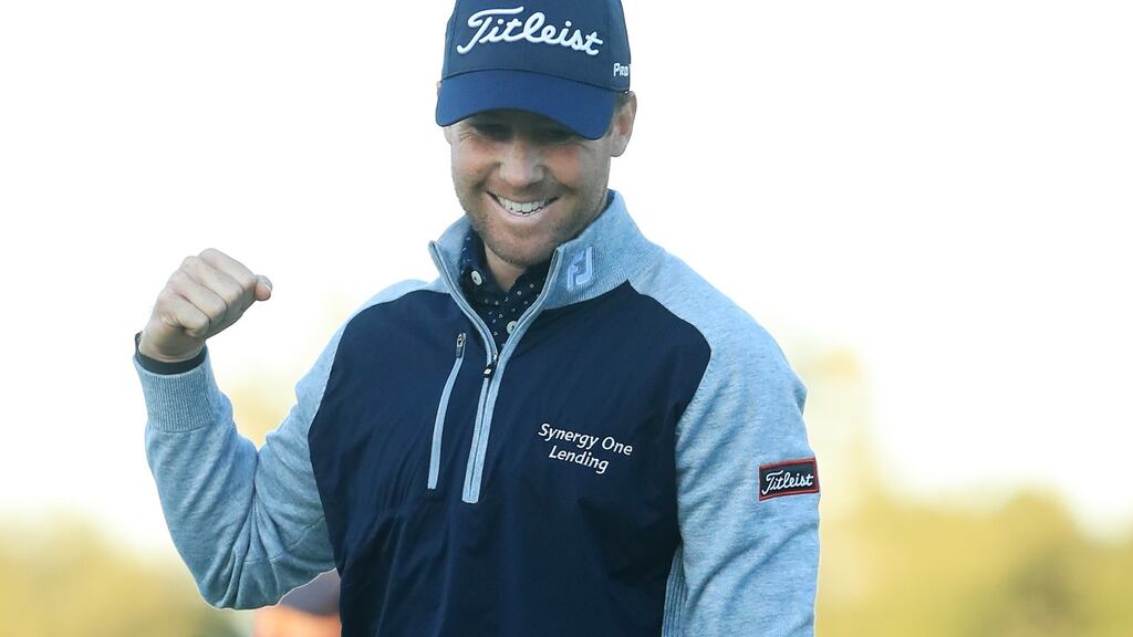 Tyler Duncan of the United States celebrates on the 18th green after winning the second playoff hole against Webb Simpson in the final round of the RSM Classic on the Seaside course at Sea Island Golf Club. Photo: Streeter Lecka/Getty Images