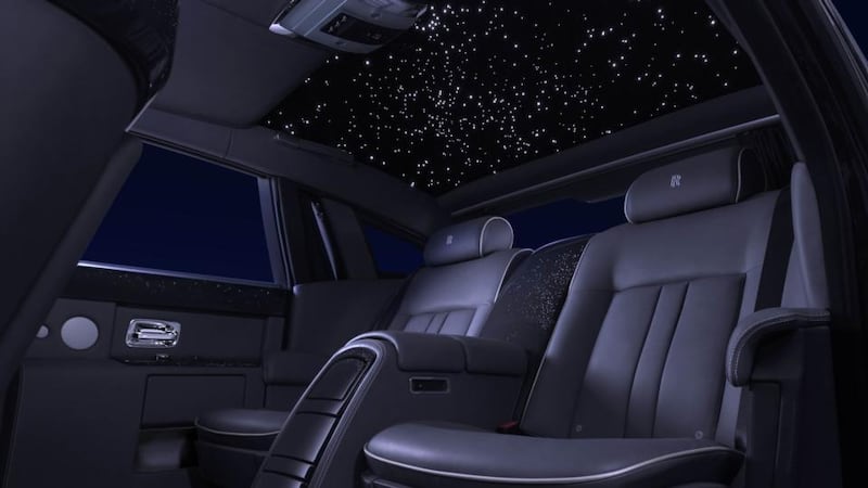 Rolls Royce Starlight headlining: unfortunately that’s not an open sunroof but rather little star-like lights built into the roof lining