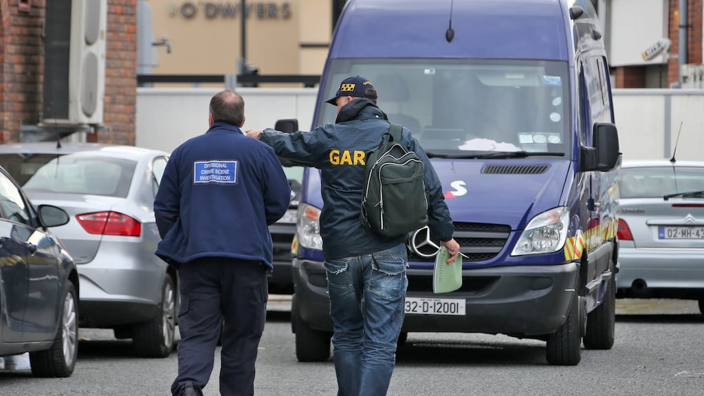 Gardaí at the scene of an attemped cash-in-transit van raid in Dunboyne, Co Meath yesterday. The van was delivering cash to a bank ATM when raiders struck. Photograph: Colin Keegan, Collins Dublin