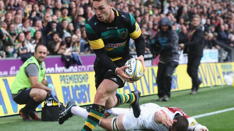 Dominic Ryan of Leicester is injured as he tries to tackle George North during the Aviva Premiership match against Northampton Saints at Franklin’s Gardens. Photograph: David Rogers/Getty