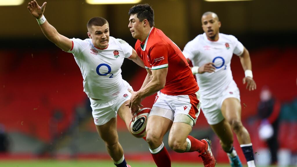 Louis Rees-Zammit of Wales knocks on during the Six Nations match against England at the Principality Stadium. Photograph: Michael Steele/Getty Images