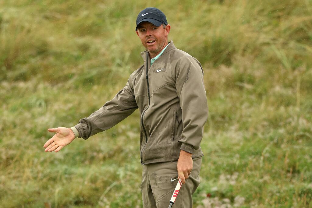 Rory McIlroy reacts after a missed putt at Royal Liverpool. Photograph: Luke Walker/Getty