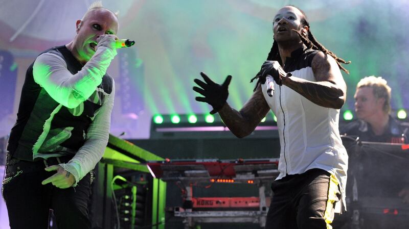 The Prodigy, Keith Flint (L), Maxim (C) and Liam Howlett (R) perform in France in 2015. Photograph: AFP/Getty Images