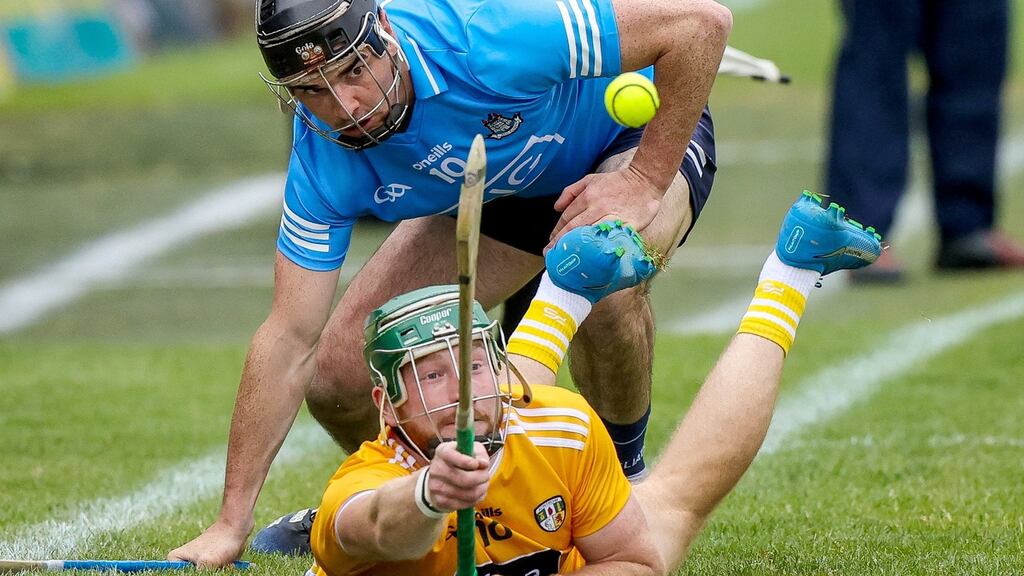 Antrim’s Niall McKenna is closely watched by  Dublin’s Danny Sutcliffe during the Leinster SHC quarter-final at  Páirc Tailteann in  Navan. Photograph: John McVitty/Inpho