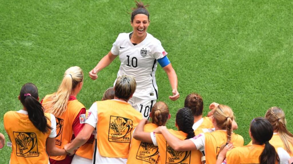 Carli Lloyd scored a hat-trick inside 16 minutes as the USA thrashed Japan 5-2 to win the Women’s World Cup final in Vancouver. Photograph: Afp