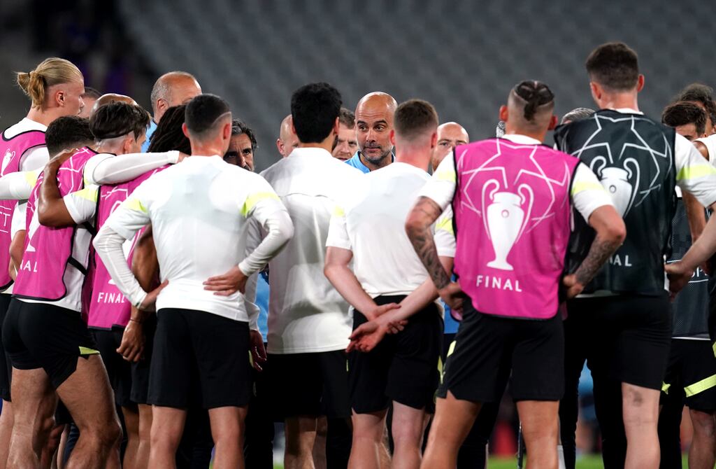 Manchester City manager Pep Guardiola talks to his players at the Ataturk Olympic Stadium in Istanbul ahead of Saturday's Champions League Final against Inter Milan. Photograph: Nick Potts/PA Wire