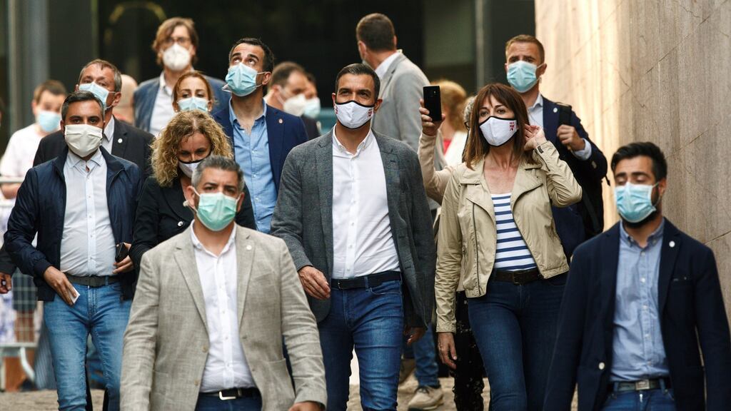Spanish prime minister Pedro Sanchez (centre) walking with Basque Socialist Party candidate Idoia Mendia (second right) before a Basque Country regional election rally in Vitoria, northern Spain. Photograph: EPA/David Aguilar