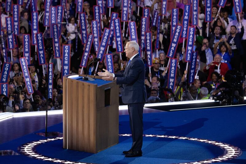 Democratic US vice-presidential candidate Tim Walz speaks at the Democratic National Convention in Chicago in August. Photograph: Michael Reynolds/EPA