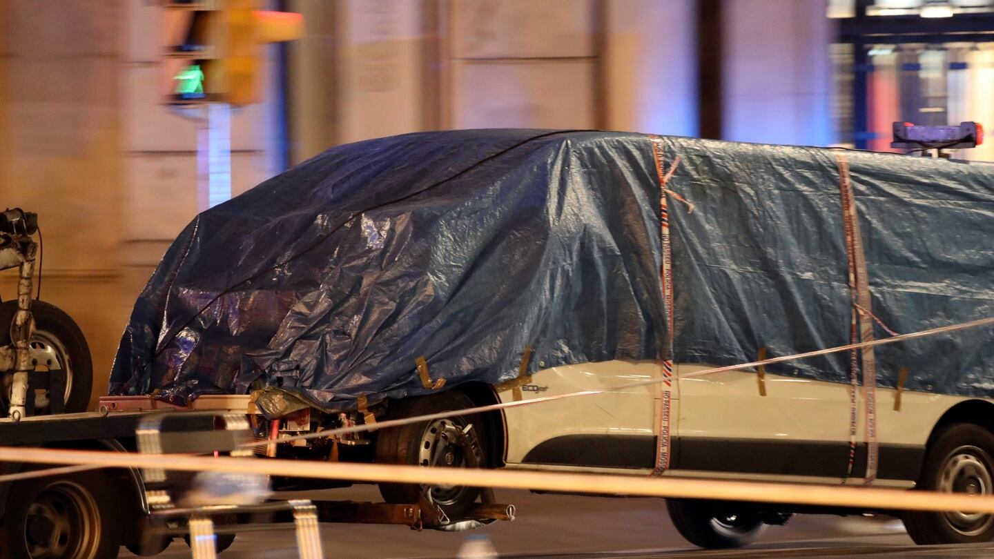 The van used in the Barcelona attack is towed away from the area where it crashed into pedestrians at Las Ramblas. Photograph: Reuters