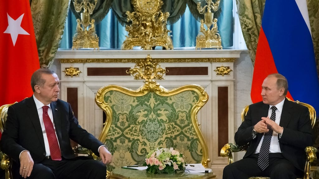 Turkish president Recep Tayyip Erdogan and Russian president Vladimir Putin in Moscow, Russia, where the two held talks on Syria. Photograph: Alexander Zemlianichenko/EPA