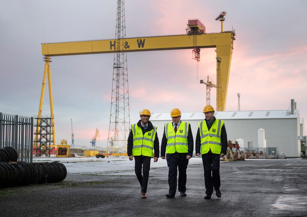 Britain's PM Rishi Sunak at Harland & Wolff shipyard in Belfast last month. Employment growth in Northern Ireland stagnated last month amid the fastest contraction in overall economic activity since February 2021, according to an Ulster Bank survey of companies. File photograph: Getty Images