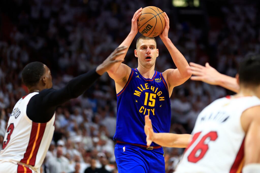 Nikola Jokic #15 of the Denver Nuggets looks to pass during the second quarter against the Miami Heat. Photograph: Mike Ehrmann/Getty