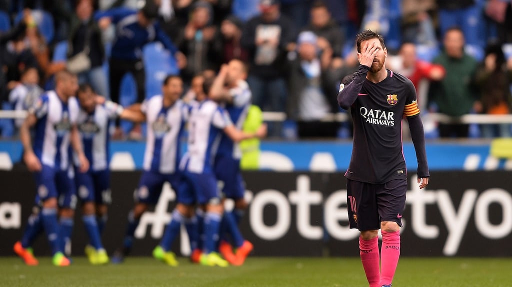Lionel Messi and Barcelona were brought back to earth with a bump by Deportivo. Photograph: Miguel Vidal/Reuters