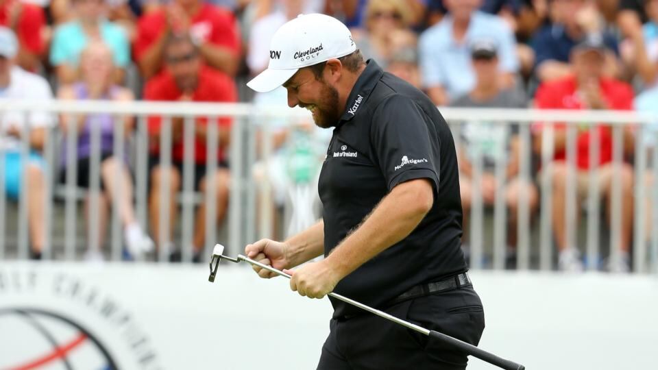 Shane Lowry celebrates after a birdie putt on the 18th green during the final round of the World Golf Championships - Bridgestone Invitational at Firestone Country Club South Course. Photograph: Richard Heathcote/Getty Images