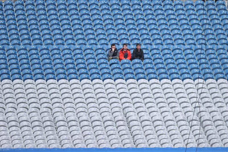 Three fans sitting in splendid isolation for the Leinster semi-finals at Croke Park. Two of the provincial championships, in Leinster and Munster, have toppled into dysfunction. Photograph: Bryan Keane/Inpho