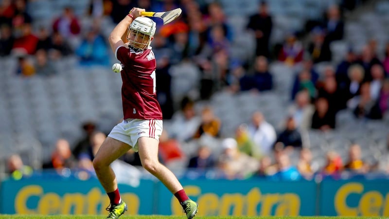 Galway’s Seán McDonagh scores a penalty in the Electric Ireland All-Ireland Minor Final against Kilkenny at Croke Park. Photograph: Tommy Dickson/Inpho