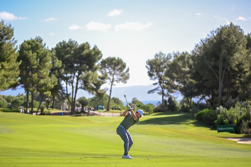 Conor Purcell plays his second shot on the 5th hole on the last day of Challenge Tour Grand Final. Photograph: Octavio Passos/Getty Images
