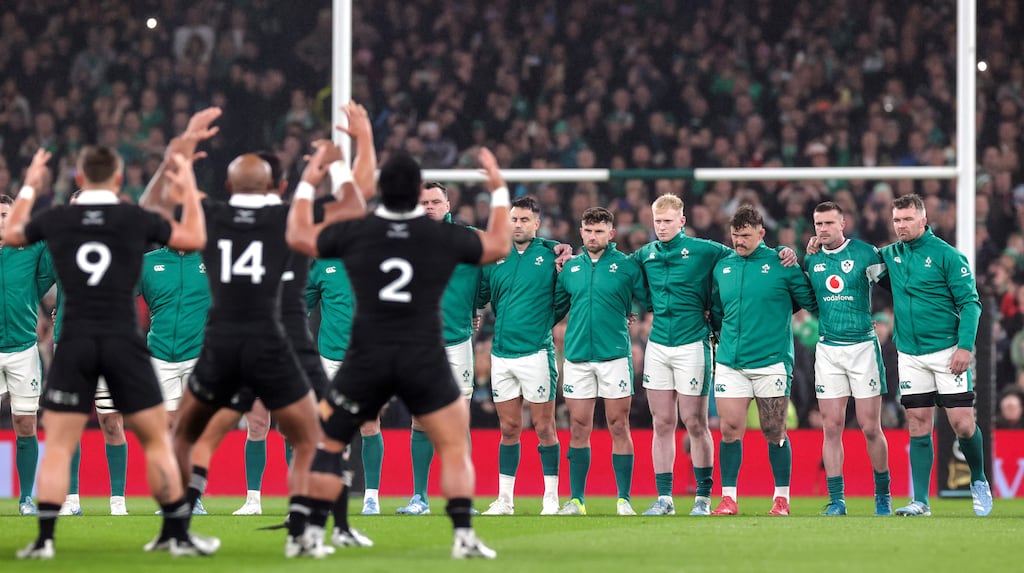 The Ireland team watch the All Blacks perform the Haka at the Aviva last November. Photograph: Ken Sutton/©INPHO