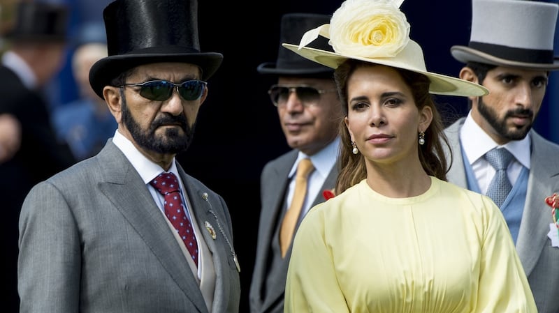Sheikh Mohammed bin Rashid al-Maktoum with Princess Haya, the most visible and glamorous of his reported six wives, at the Epsom Derby festival in England on June 3rd, 2017. Photograph: Mark Cuthbert/UK Press via Getty Images
