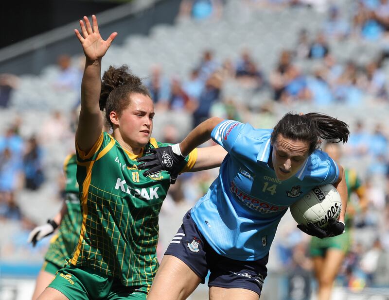 Emma Duggan of Meath and Dublin's Hannah Tyrrell at the Leinster Ladies Senior Football Championship Final at Croke Park in 2022. Photograph: Lorraine O’Sullivan/Inpho