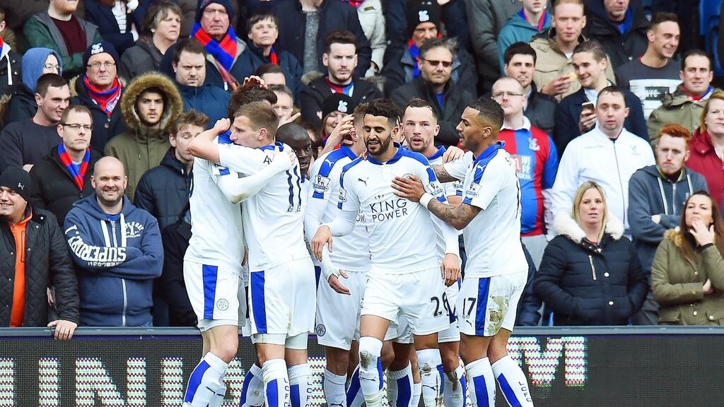 Leicester City’s Riyad Mahrez celebrates with his teammates after scoring at Selhurst Park. Photograph: EPA
