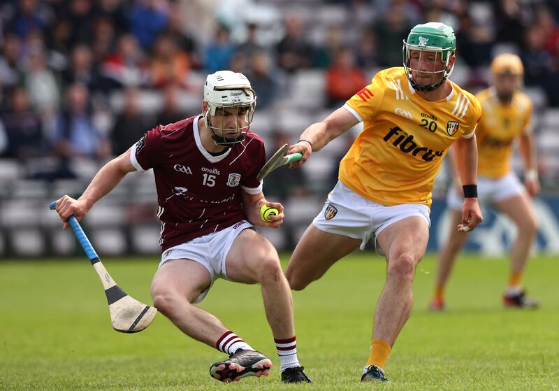 Galway's Declan McLoughlin and Antrim's Paul Boyle in action at Pearse Stadium. Galway won by 31 points but McLoughlin picked up an injury that ruled him out of Mary I’s Fitzgibbon Cup quarter-final win over TUS Midwest. Photograph: Bryan Keane/Inpho