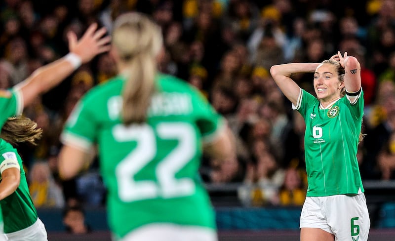 Megan Connolly reacts after her free kick is deflected by an Australian defender for a corner. Photograph: Ryan Byrne/Inpho