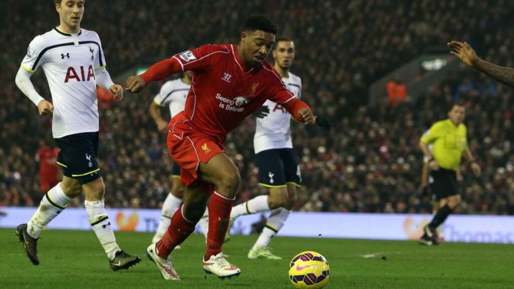 Liverpool’s Jordan Ibe will be out for four weeks after injuring his knee ligaments. (Photograph: PA)
