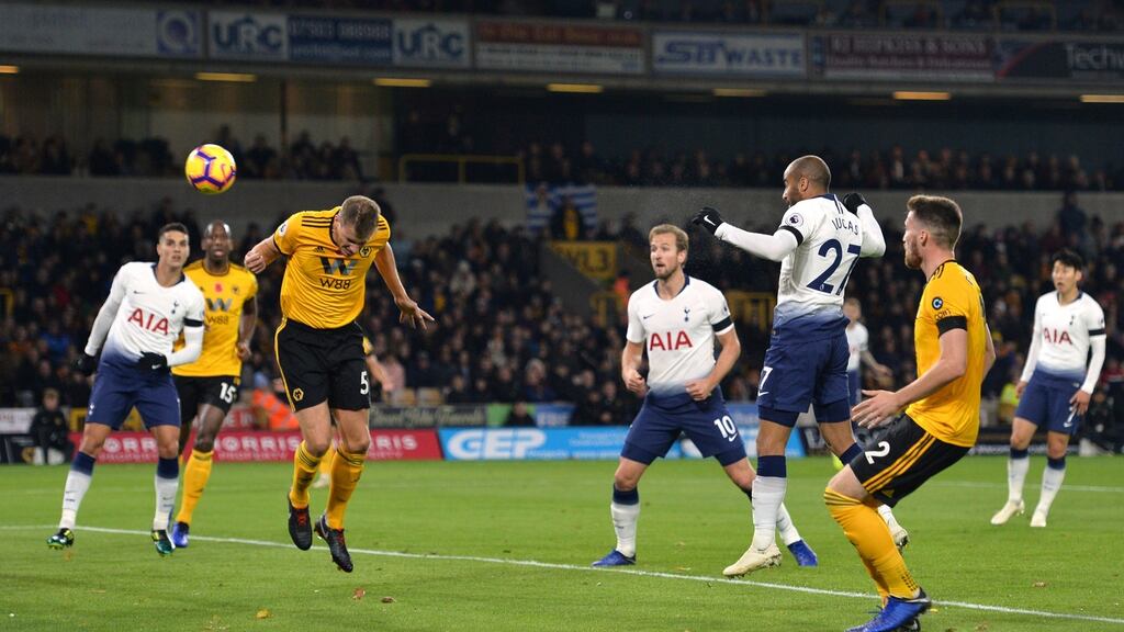 Tottenham’s Lucas Moura scores their second goal during the Premier League game at Molineux Stadium. Photograph: Peter Powell/Reuters