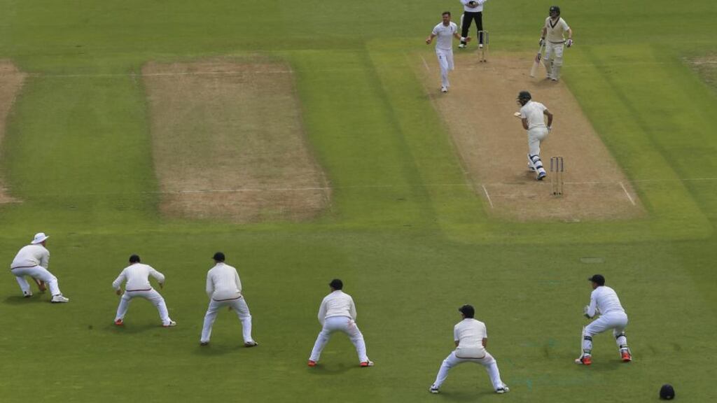 Ben Stokes takes a catch at fifth slip as Jimmy Anderson takes his fifth wicket to remove Australia’s Mitchell Johnson during the first day of the third Ashes Test at Edgbaston in Birmingham. Photograph: Ryan Pierse/Getty Images
