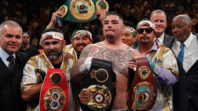 Andy Ruiz with the belts after beating Anthony Joshua in New York. Photograph: Timothy A Clary/AFP/Getty