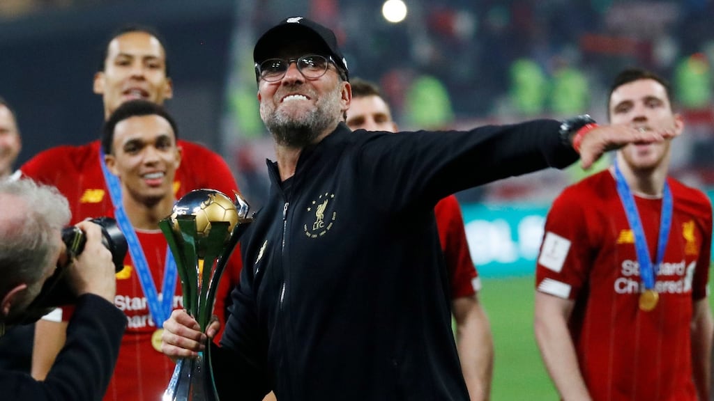 Liverpool manager Jürgen Klopp celebrates after winning the Club World Cup in Doha, Qatar. Photograph: Reuters/Kai Pfaffenbach