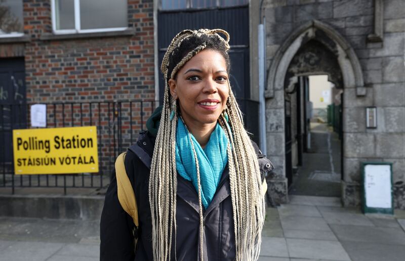 Juliana Santos pictured after casting her vote in the Family and Care referendums at Stanhope Street National School. Photograph: Laura Hutton
