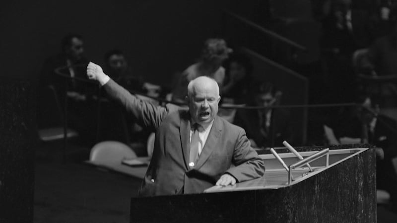 Soviet leader Nikita Khrushchev gesticulates at the United Nations General Assembly after  Lorenzo Sumulong of the Philippines accused the Soviet Union of colonialism in eastern Europe. Khrushchev demanded that Assembly President Frederick Boland halt Sumulong’s speech.