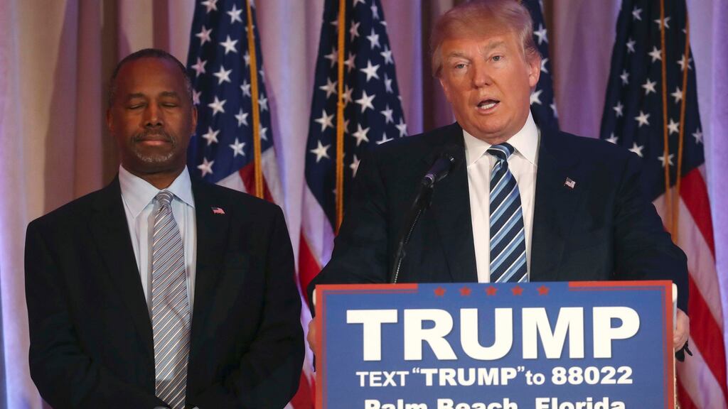 Republican US presidential candidate Donald Trump speaks after receiving the endorsement of former candidate Ben Carson at a campaign event in Palm Beach, Florida. Photograph: Carlo Allegri/Reuters