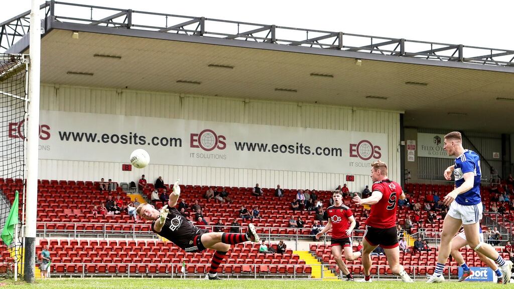 Down goalkeeper Rory Burns makes a save during the Allianz Football League Division Two relegation playoff against Laois at  Páirc Esler in Newry. Photograph: Laszlo Geczo/Inpho