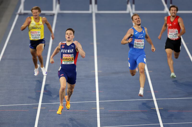 Karsten Warholm of Norway wins the men's 400m hurdle final at the European Athletics Championships at the Stadio Olimpico in Rome. Photograph: Michael Steele/Getty Images